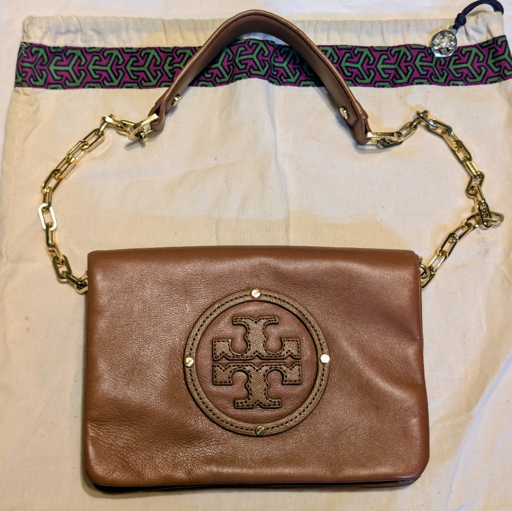 Authentic Tory Burch Foldover Leather crossbody with removable gold strap